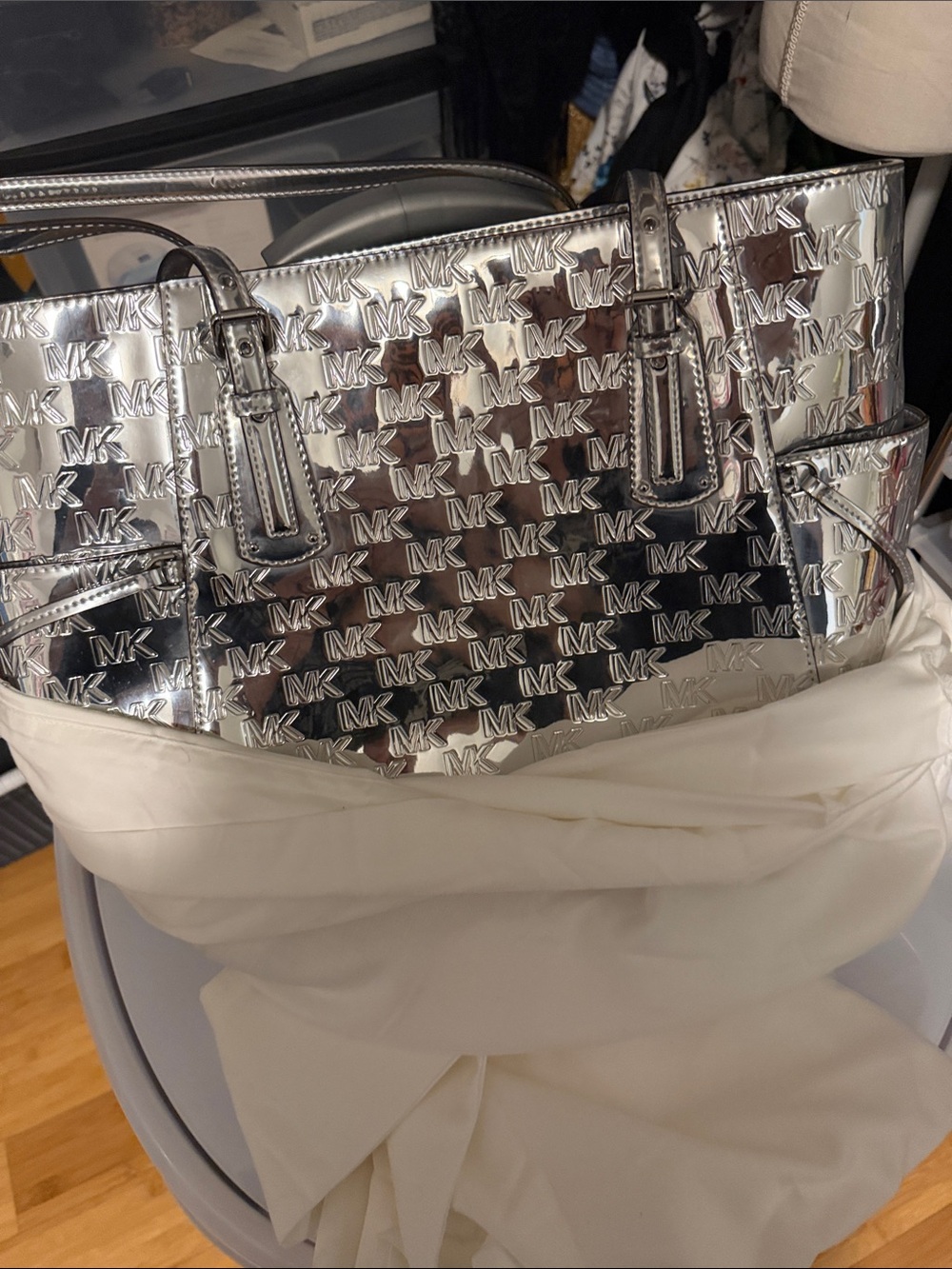 Michael Kors Metallic Silver Embossed MK Tote